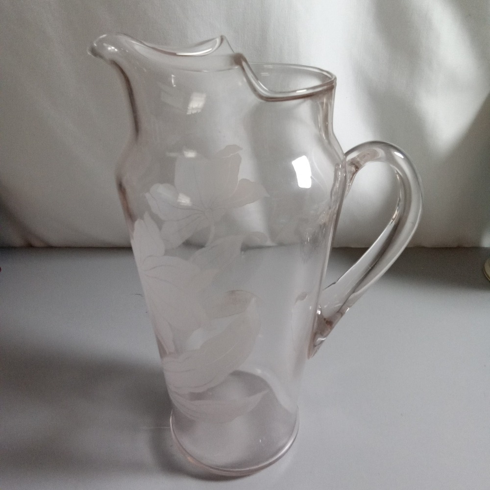 Vintage Glass Pitcher Etched Frosted Floral Lily Ice Lip Water Server 9in